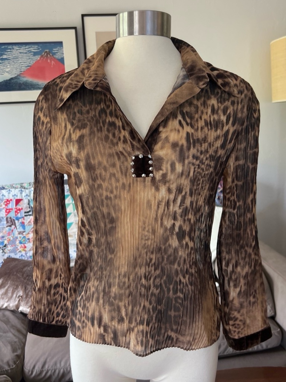 Women’s Vintage Y2K Brown Animal Print Blouse with Decorative Velvet Accents
